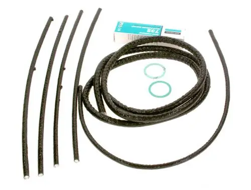 BOSCH Wartungspaket mit mehreren schwarzen Dichtungen und zwei grünen O-Ringen, auf einer weißen Oberfläche angeordnet.